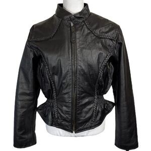 Vintage 80s Black Leather Moto Jacket M L Nipped Waist Studded Braided‎ Western